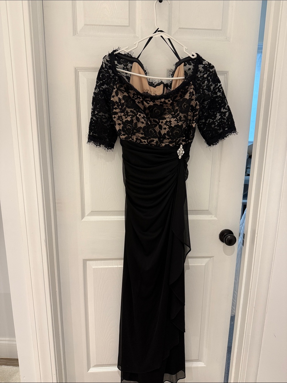 Black Lace Bodice Long Sleeve Evening Gown
